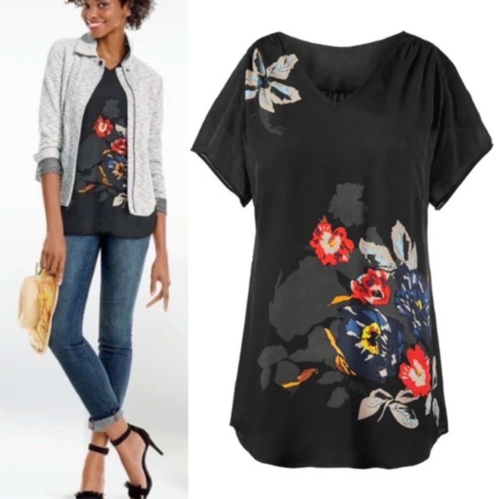 CAbi Fiore Black Floral Tunic Top